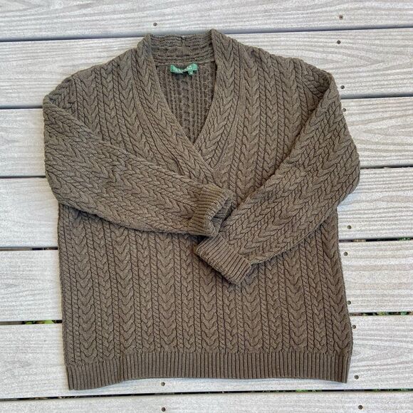 Ralph Lauren Sweater Womens 2X Green Cable Knit V-Neck Fisherman Preppy Cotton - Picture 6 of 16